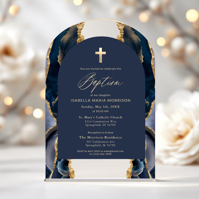 Navy Blue Gold Agate Baptism Modern Elegant Acrylic Invitations (Creator Uploaded)