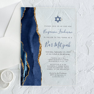Navy Blue Gold Agate Bar Mitzvah Acrylic Invitations