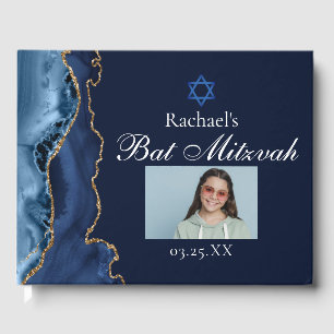 Navy Blue Gold Agate Bar Mitzvah Party Photo Guest Book