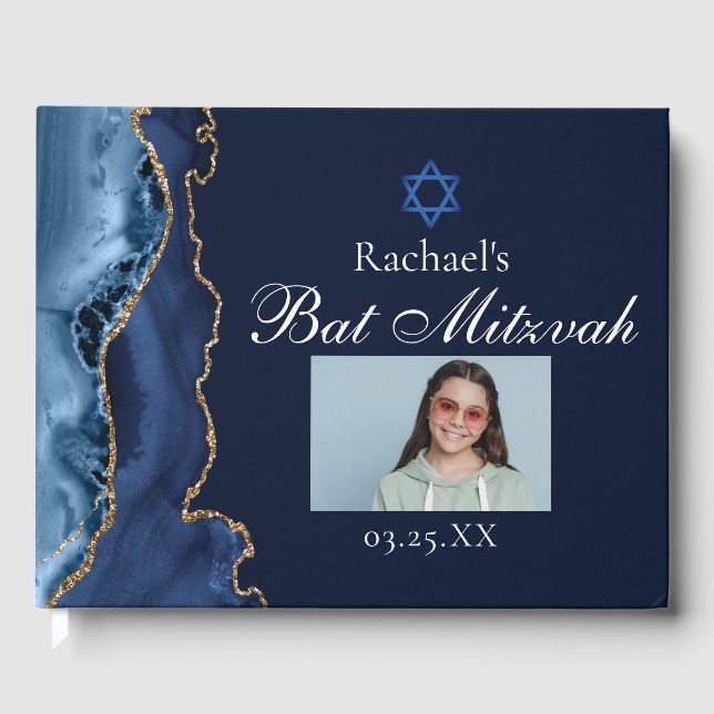 Navy Blue Gold Agate Bar Mitzvah Party Photo Guest Book (Front)