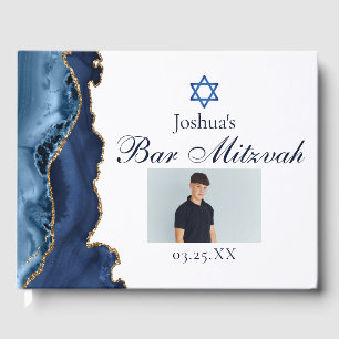 Navy Blue Gold Agate Bar Mitzvah Party Photo Guest Book