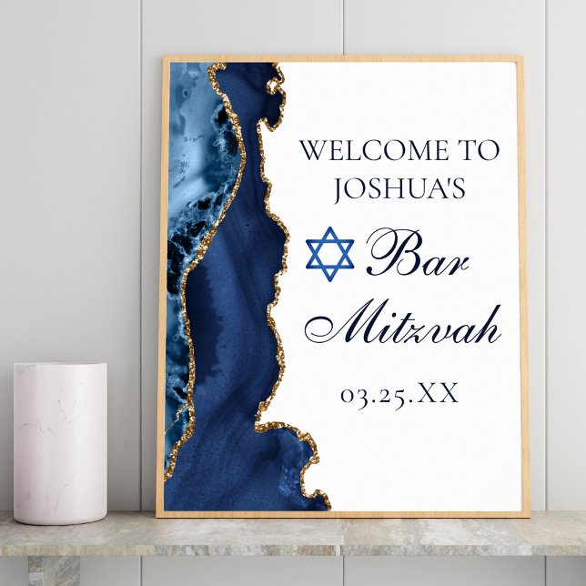 Navy Blue Gold Agate Bar Mitzvah Party Welcome Poster (Creator Uploaded)