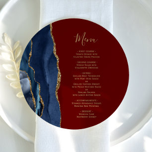 Navy Blue Gold Agate Burgundy Round Plate Wedding Menu