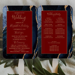 Navy Blue Gold Agate Burgundy Wedding Program Hand Fan