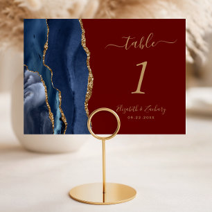 Navy Blue Gold Agate Burgundy Wedding Table Number