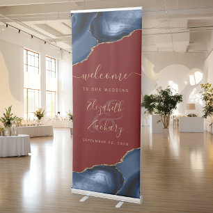 Navy Blue Gold Agate Burgundy Wedding Welcome Retractable Banner