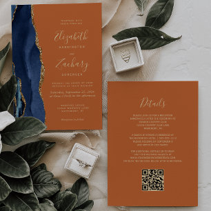 Navy Blue Gold Agate Burnt Orange QR Code Wedding Invitation