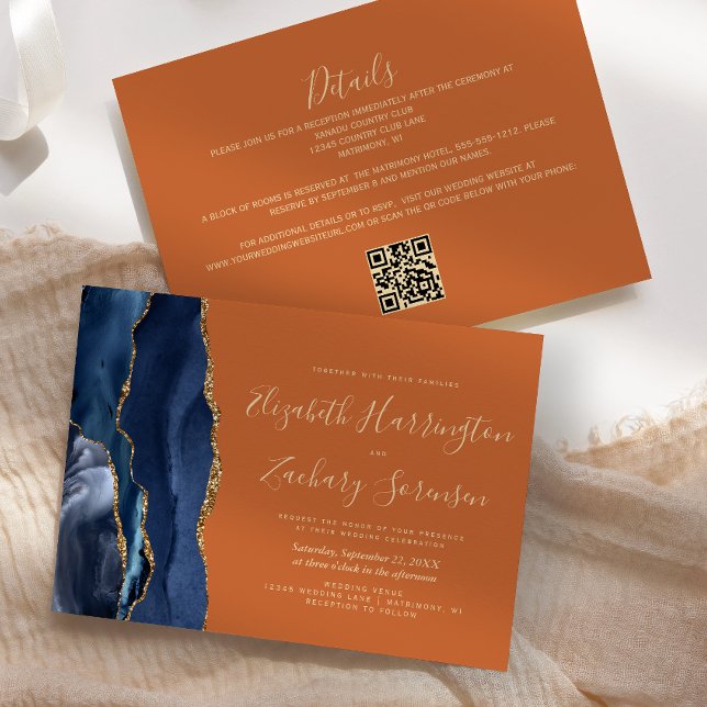 Navy Blue Gold Agate Burnt Orange QR Code Wedding Invitation (Creator Uploaded)