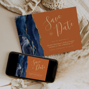 Navy Blue Gold Agate Burnt Orange Save the Date Invitation