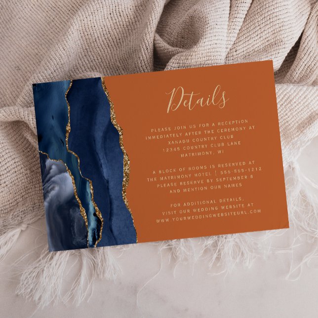 Navy Blue Gold Agate Burnt Orange Wedding Details Enclosure Card (Creator Uploaded)