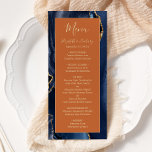 Navy Blue Gold Agate Burnt Orange Wedding Menu<br><div class="desc">This elegant,  modern wedding menu features a watercolor navy blue agate background trimmed with gold faux glitter. The text appears in elegant gold-coloured handwriting and copperplate fonts on a burnt orange rectangle. The agate design is repeated on the reverse.</div>