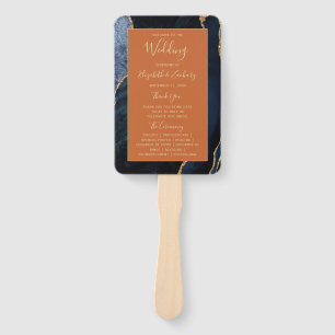 Navy Blue Gold Agate Burnt Orange Wedding Program Hand Fan