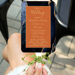Navy Blue Gold Agate Burnt Orange Wedding Program Hand Fan
