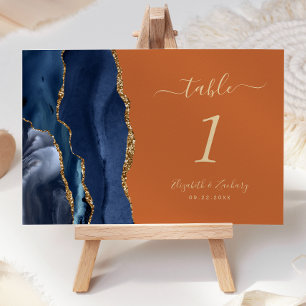 Navy Blue Gold Agate Burnt Orange Wedding Table Number