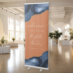 Navy Blue Gold Agate Burnt Orange Wedding Welcome Retractable Banner