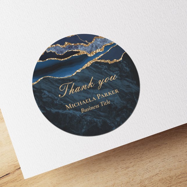 Navy Blue Gold Agate Business Thank You Classic Round Sticker (Creator Uploaded)