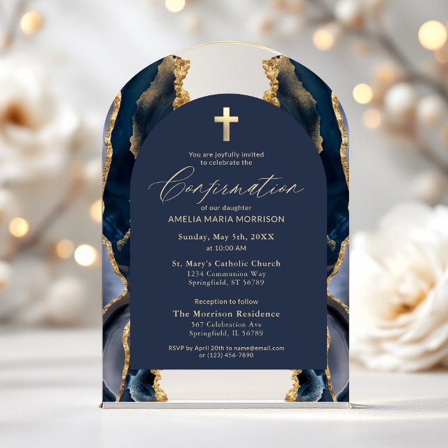 Navy Blue Gold Agate Confirmation Modern Acrylic Invitations (Creator Uploaded)
