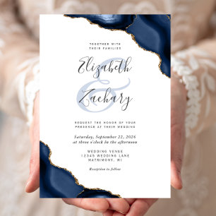 Navy Blue Gold Agate Corners White Wedding Invitation