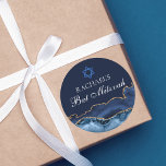 Navy Blue Gold Agate Custom Bat Mitzvah Party Classic Round Sticker<br><div class="desc">Elegant navy blue and gold agate decorates the side of this modern Bat Mitzvah party sticker. Your daughter's name is written in beautiful formal script under the Star of David. Perfect for a chic,  stylish Jewish family celebrating their girl  being called to the Torah.</div>