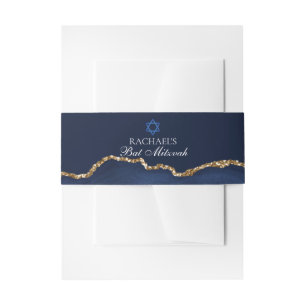 Navy Blue Gold Agate Custom Bat Mitzvah Party Invitation Belly Band