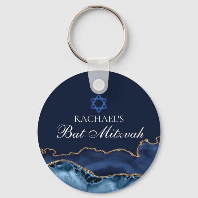Navy Blue Gold Agate Custom Bat Mitzvah Party Key Ring (Back)