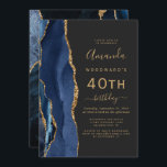 Navy Blue Gold Agate Dark 40th Birthday Party Invitation<br><div class="desc">The left-hand edge of this elegant modern birthday party invitation features a navy blue watercolor agate border trimmed with gold faux glitter. The customisable text combines gold-coloured handwriting,  copperplate and italic fonts on a slate black background. The reverse side features a matching blue and gold agate design.</div>