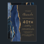 Navy Blue Gold Agate Dark 40th Birthday Party Invitation<br><div class="desc">The left-hand edge of this elegant modern birthday party invitation features a navy blue watercolor agate border trimmed with gold faux glitter. The customisable text combines gold-coloured handwriting,  copperplate and italic fonts on a slate black background. The reverse side features a matching blue and gold agate design.</div>