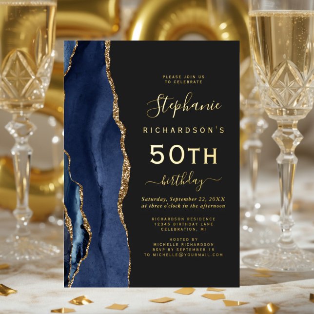 Navy Blue Gold Agate Dark 50th Birthday Party (Creator Uploaded)