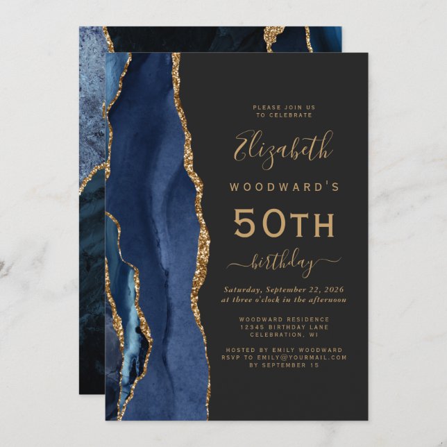 Navy Blue Gold Agate Dark 50th Birthday Party Invitation (Front/Back)