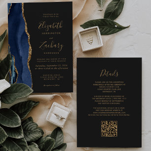 Navy Blue Gold Agate Dark QR Code Wedding Invitation