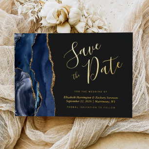 Navy Blue Gold Agate Dark Save the Date