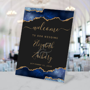 Navy Blue Gold Agate Dark Wedding Welcome Pedestal Sign