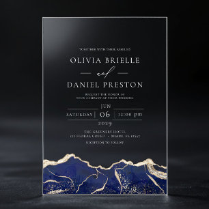 Navy Blue Gold Agate Elegant Modern Wedding Acrylic Invitations