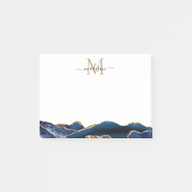 Navy Blue Gold Agate Feminine Chic Script Monogram Post-it Notes (Front)