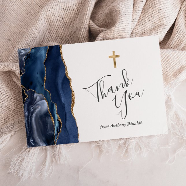 Navy Blue Gold Agate First Communion Thank You Card (Creator Uploaded)