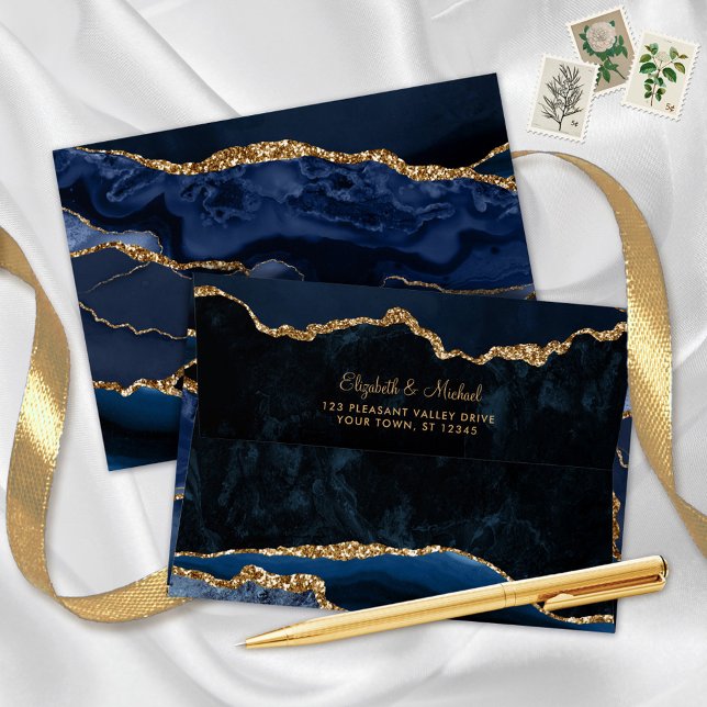 Navy Blue Gold Agate Gemstone Wedding Envelope (Creator Uploaded)
