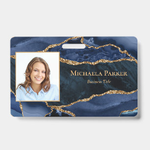 Navy Blue Gold Agate Geode Business Photo ID Badge
