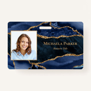 Navy Blue Gold Agate Geode Business Photo ID Badge