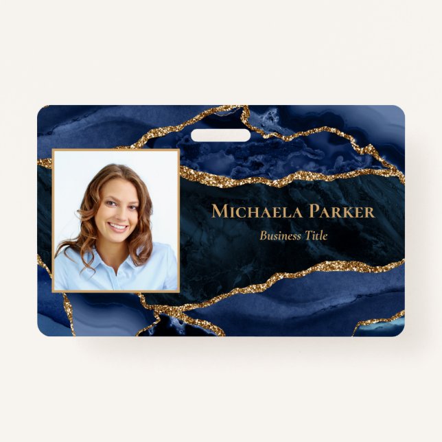Navy Blue Gold Agate Geode Business Photo ID Badge (Front)