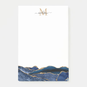 Navy Blue Gold Agate Geode Girly Script Monogram Post-it Notes