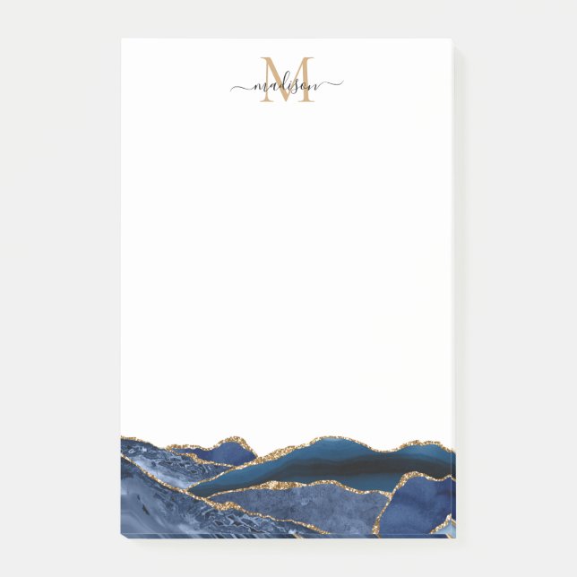Navy Blue Gold Agate Geode Girly Script Monogram Post-it Notes (Front)