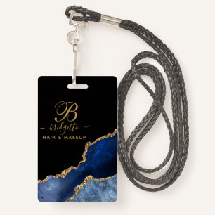 Navy Blue Gold Agate Geode Makeup Artist Monogram ID Badge