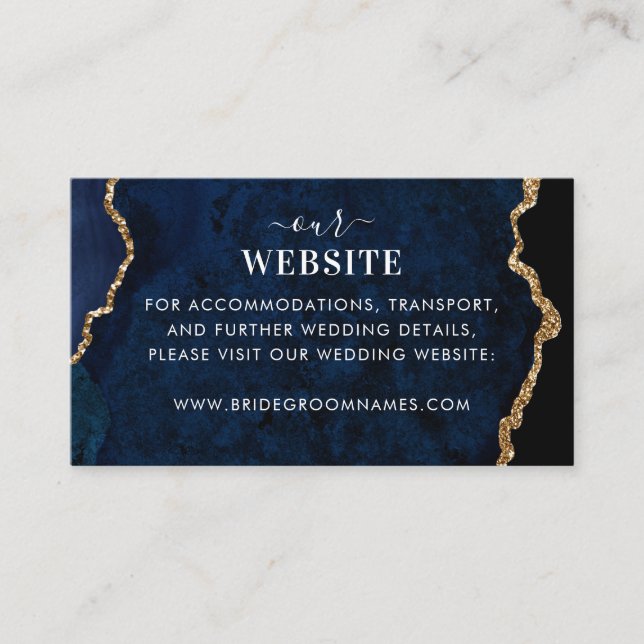 Navy Blue Gold Agate Geode Marble Wedding Website Enclosure Card (Front)
