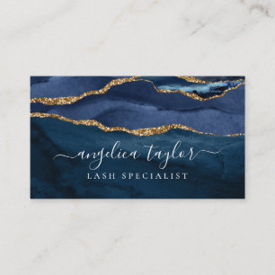 Navy Blue Gold Agate Geode Monogram Elegant Script Business Card