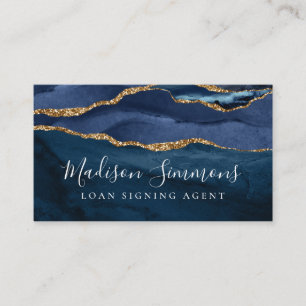 Navy Blue Gold Agate Geode Monogram Notary Public Business Card