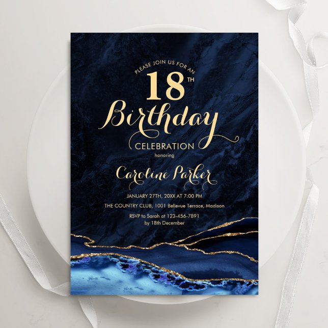 Navy Blue Gold Agate Marble 18th Birthday Invitation (Creator Uploaded)
