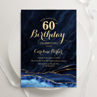 Navy Blue Gold Agate Marble 60th Birthday