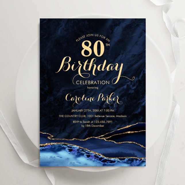 Navy Blue Gold Agate Marble 80th Birthday Invitation (Creator Uploaded)
