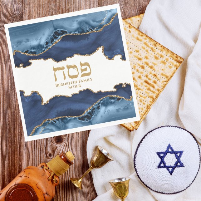 Navy Blue Gold Agate Marble Hebrew Passover Napkin (Creator Uploaded)