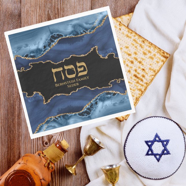 Navy Blue Gold Agate Marble Hebrew Passover Napkin (Creator Uploaded)
